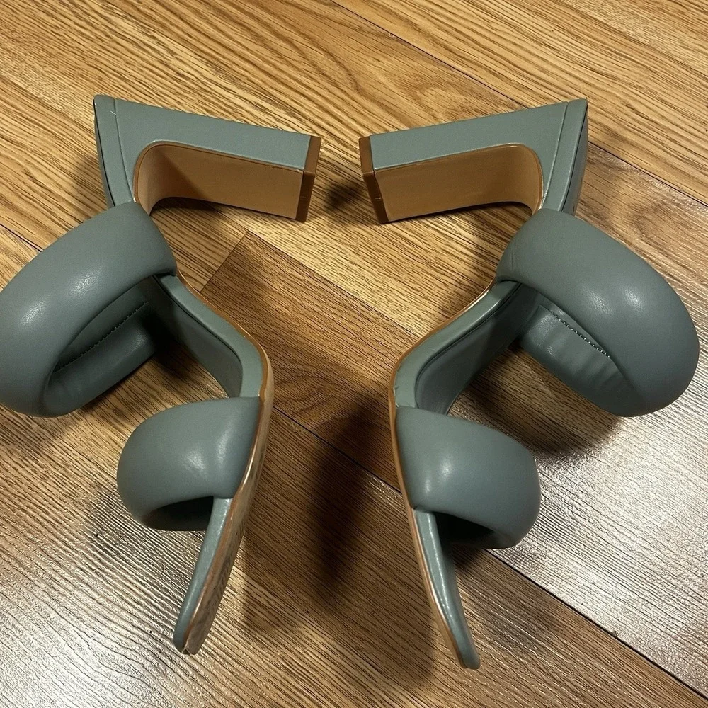 Primark Women's Heeled Mules Size 8 Light Green Padded Straps Modern Party Glam